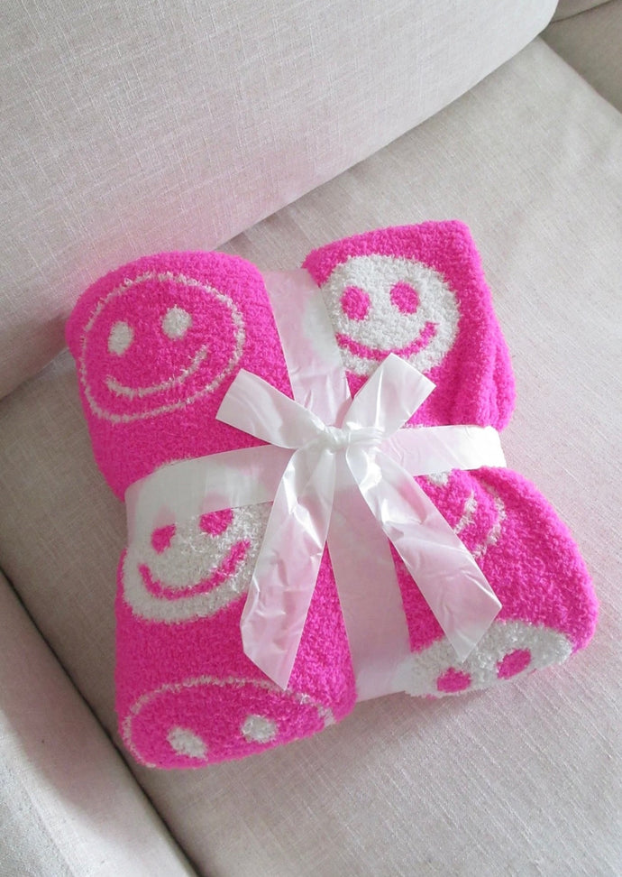Hot Pink & White Cozy Happy Face Blanket
