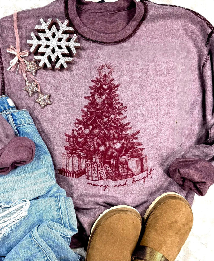 Merry & Bright Tree Inside Out Heather Maroon Sweatshirt