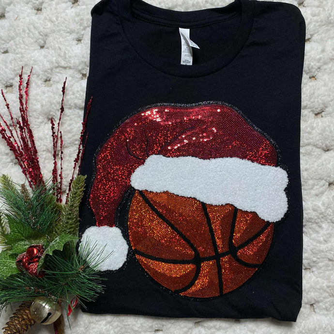 Sequin Santa Hat Basketball Black Tee