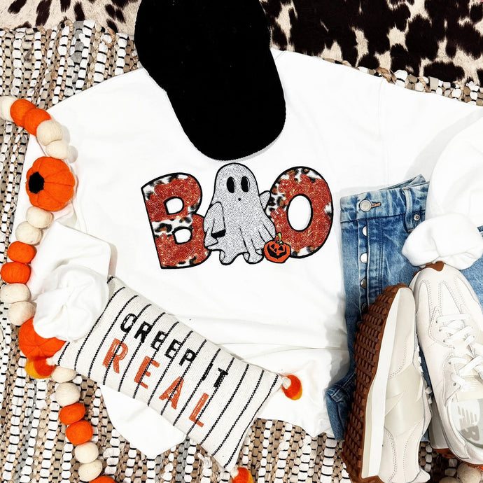 Sequin Orange & Leopard Boo Ghost Patch White Sweatshirt