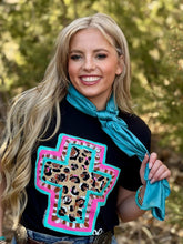Load image into Gallery viewer, Callie Ann Spring Time Leopard Cross Black Tee
