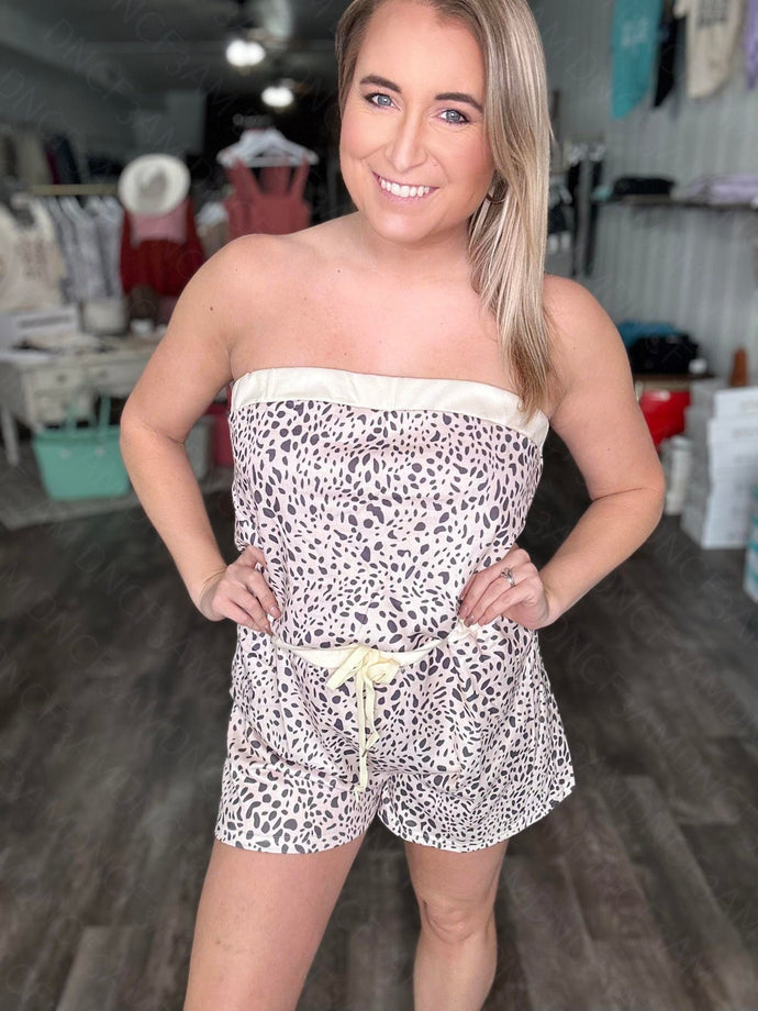 RTS: The Holly Strapless Leopard Romper
