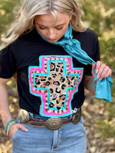 Load image into Gallery viewer, Callie Ann Spring Time Leopard Cross Black Tee
