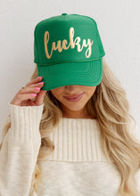Load image into Gallery viewer, Lucky Metallic Gold Puff Green Hat

