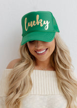 Load image into Gallery viewer, Lucky Metallic Gold Puff Green Hat
