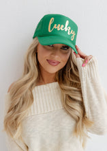Load image into Gallery viewer, Lucky Metallic Gold Puff Green Hat
