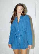 Load image into Gallery viewer, Retro Blue Belted Shirt Romper
