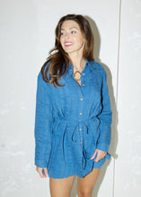 Load image into Gallery viewer, Retro Blue Belted Shirt Romper
