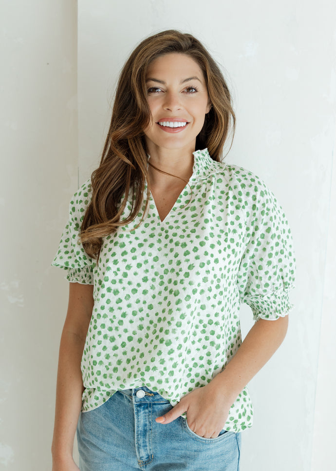 Green Jacquard Dot Blouse
