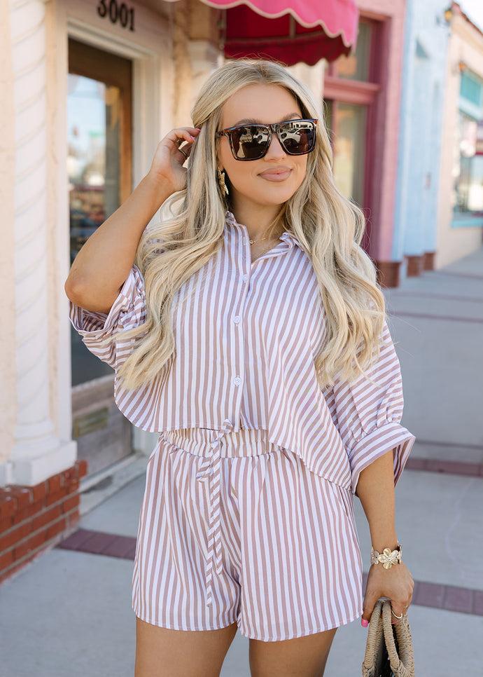Shayla Mocha & White Striped Shorts Set