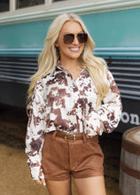 Load image into Gallery viewer, Cow Print Satin Button Top

