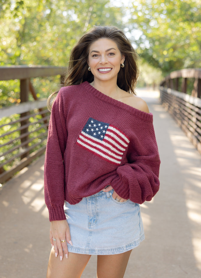 Brandi American Flag Burgundy Sweater