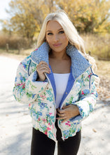 Load image into Gallery viewer, Blue &amp; Cream Floral Puffer Jacket
