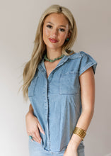 Load image into Gallery viewer, Lightweight Denim Button Down Blouse

