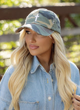Load image into Gallery viewer, Camo &amp; Cross Distressed Hat
