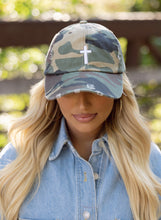 Load image into Gallery viewer, Camo &amp; Cross Distressed Hat
