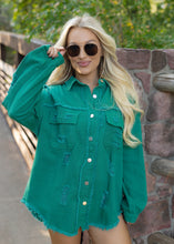 Load image into Gallery viewer, Birdie Distressed Denim Jacket - Kelly Green
