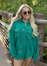 Load image into Gallery viewer, Birdie Distressed Denim Jacket - Kelly Green
