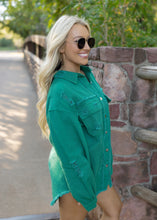 Load image into Gallery viewer, Birdie Distressed Denim Jacket - Kelly Green
