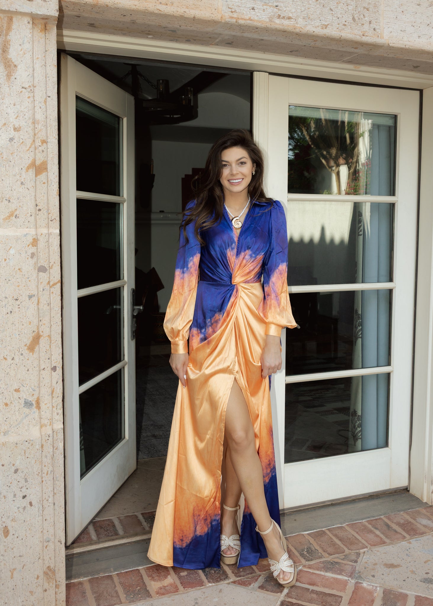 Blue & Orange Ombre Satin Maxi Dress The Vintage Leopard Blue & Orange Ombre Satin Maxi Dress The Vintage Leopard