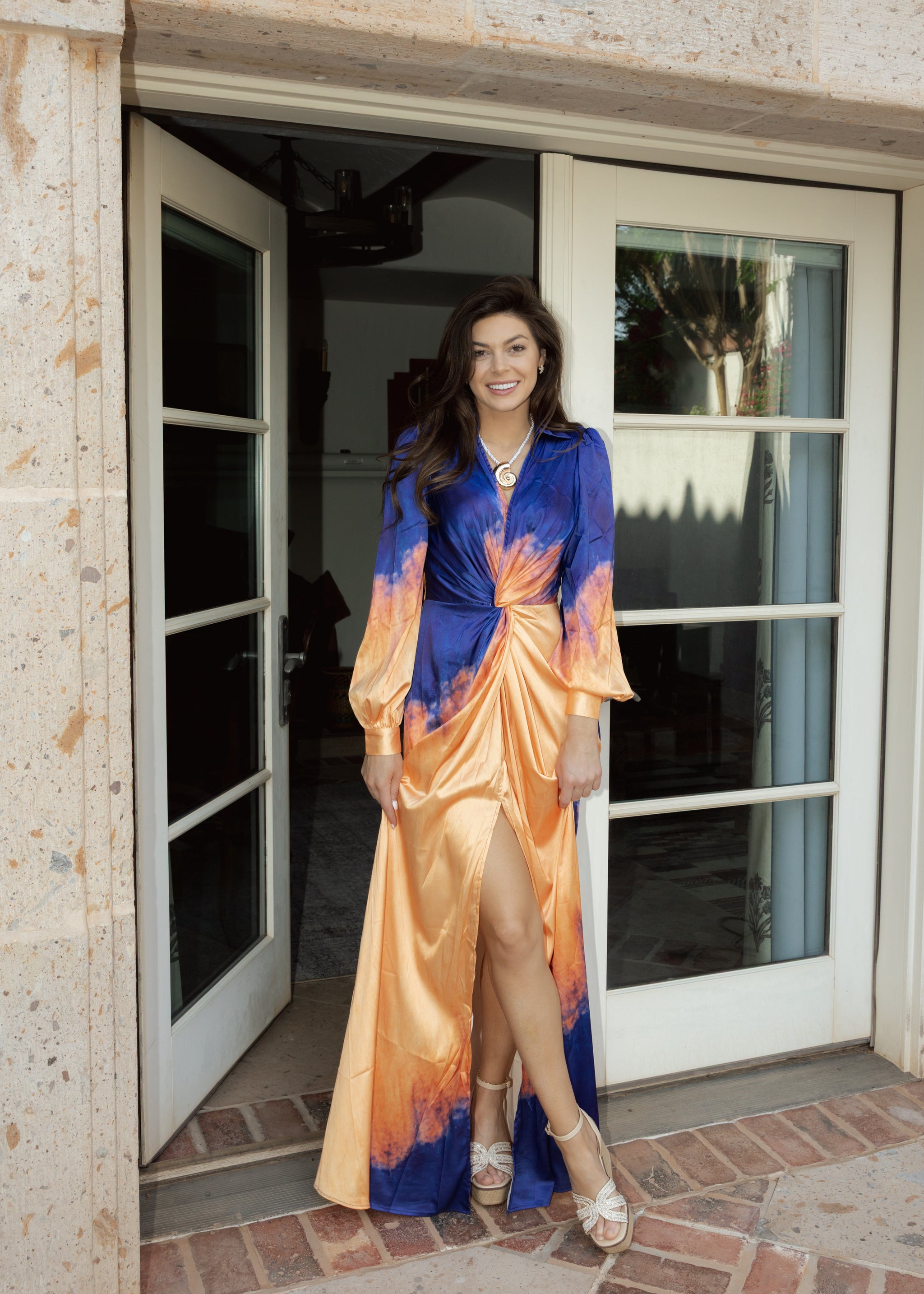 Blue & Orange Ombre Satin Maxi Dress The Vintage Leopard Blue & Orange Ombre Satin Maxi Dress The Vintage Leopard