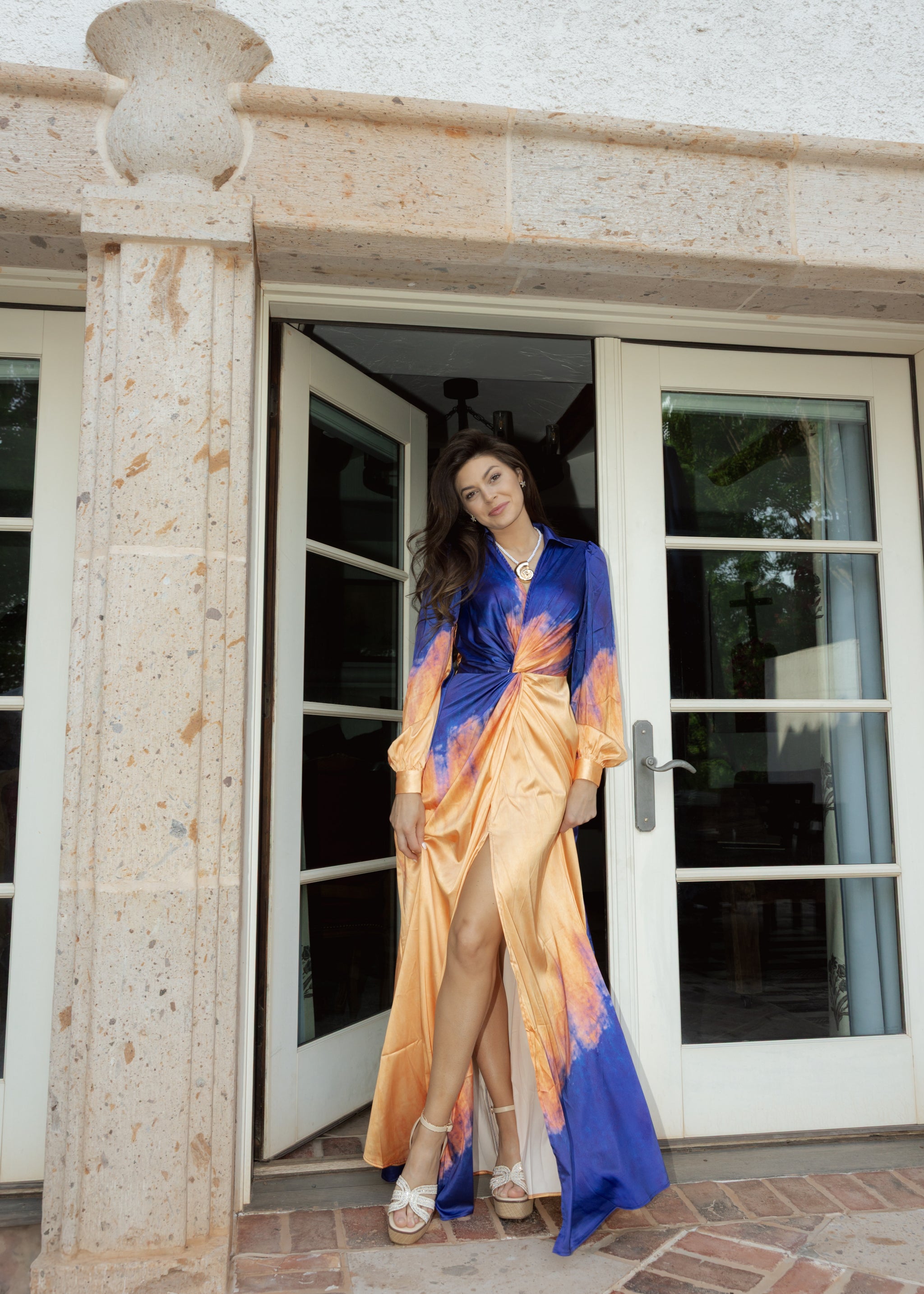 Blue & Orange Ombre Satin Maxi Dress