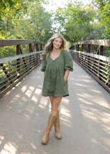 Load image into Gallery viewer, Denim Puff Sleeve Romper - Olive

