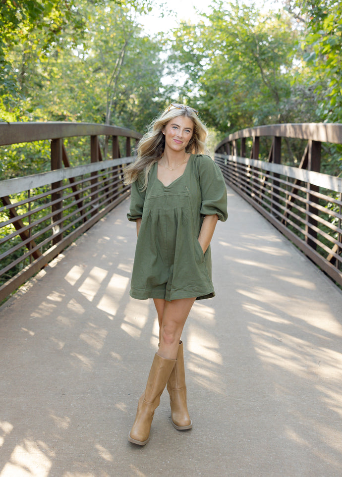 Denim Puff Sleeve Romper - Olive