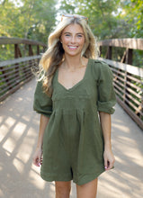 Load image into Gallery viewer, Denim Puff Sleeve Romper - Olive
