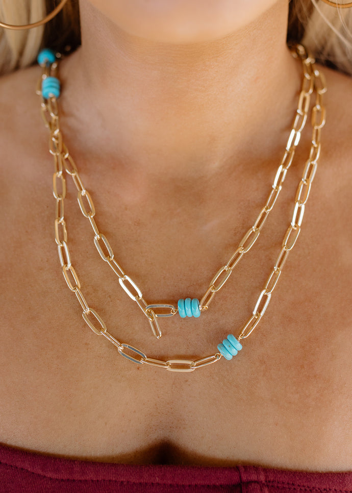 Granbury Turquoise & Gold Paperclip Necklace