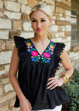 Load image into Gallery viewer, Black Embroidered Tassel Top
