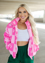 Load image into Gallery viewer, Pink Checkered &amp; Floral Puffer Coat
