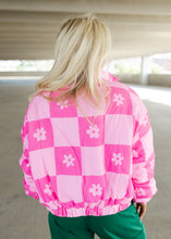Load image into Gallery viewer, Pink Checkered &amp; Floral Puffer Coat
