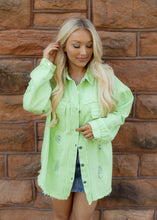 Load image into Gallery viewer, Birdie Distressed Denim Jacket - Lime Green
