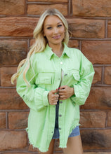Load image into Gallery viewer, Birdie Distressed Denim Jacket - Lime Green

