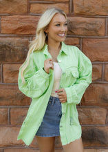 Load image into Gallery viewer, Birdie Distressed Denim Jacket - Lime Green
