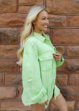 Load image into Gallery viewer, Birdie Distressed Denim Jacket - Lime Green
