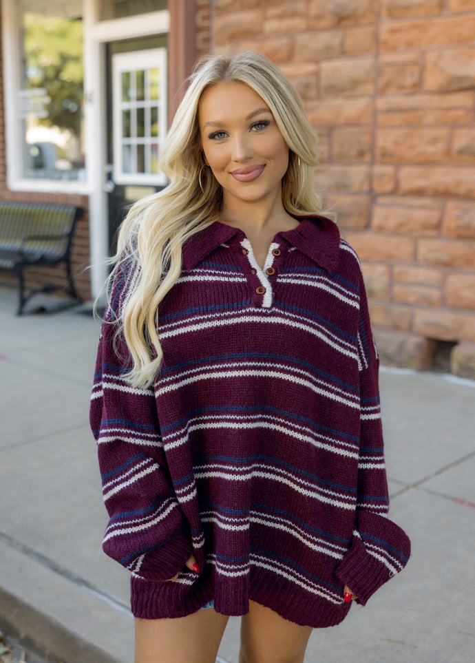 Burgundy Deep Stripe Knit Sweater