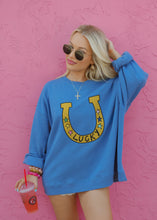Load image into Gallery viewer, Lucky Horseshoe Dusty Blue Oversized Sweatshirt

