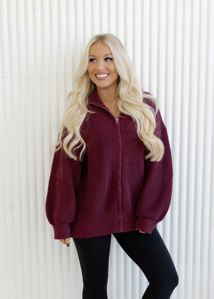 Oversized Zip Up Cardigan -Burgundy