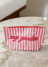 Load image into Gallery viewer, &quot;My Goodies&quot; Pink &amp; Red Stripes Clear Coat Toiletry Bag
