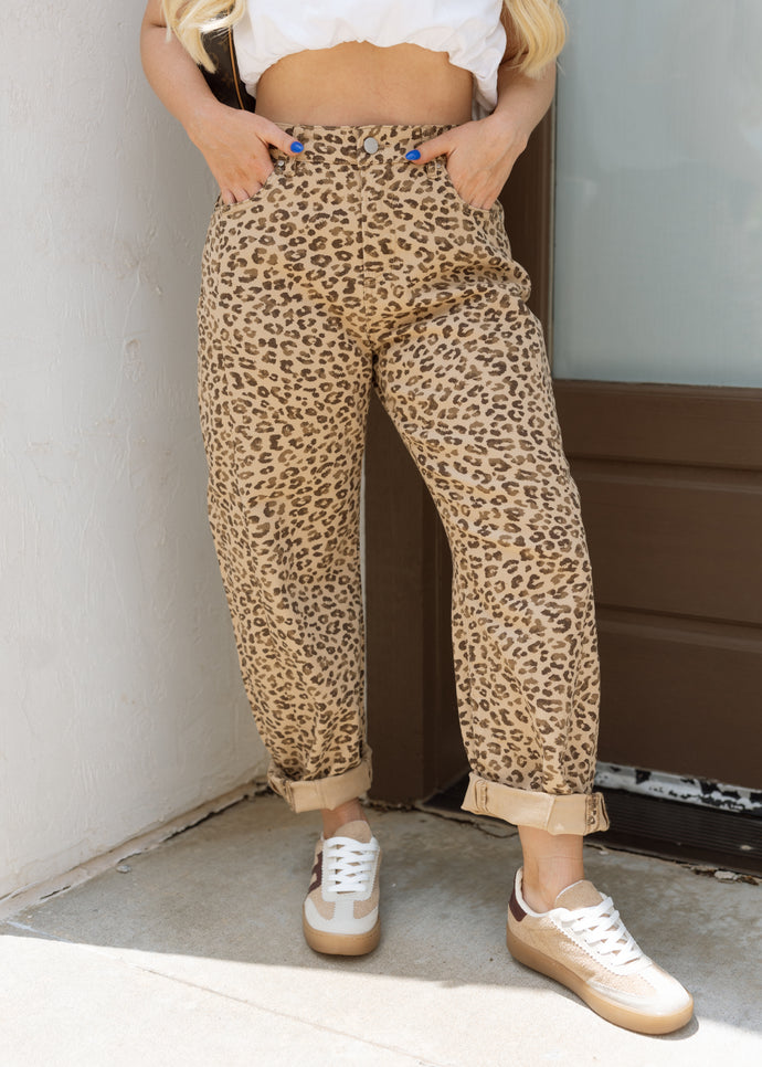 Camel Leopard Print Barrel Jeans