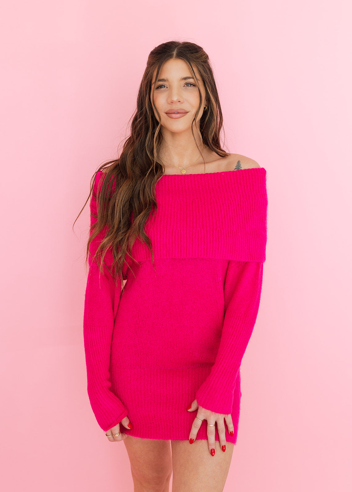 Hot Pink Off Shoulder Sweater Dress – The Vintage Leopard