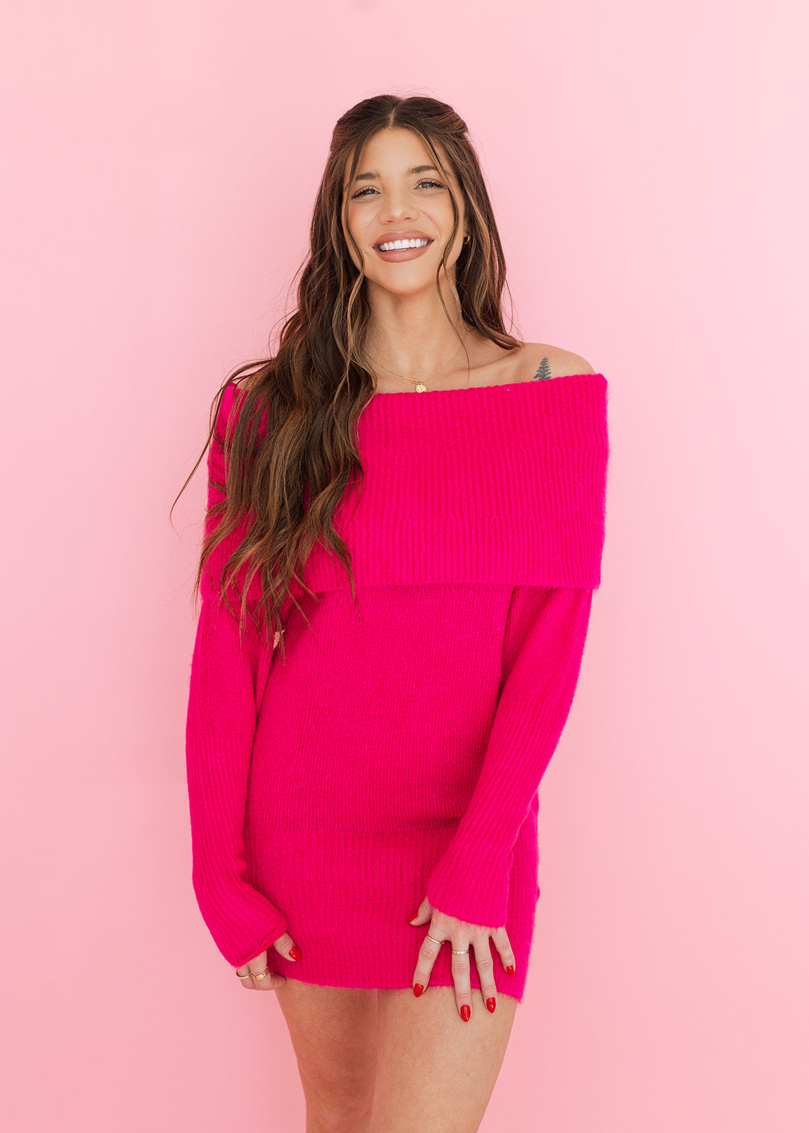 Hot Pink Off Shoulder Sweater Dress – The Vintage Leopard