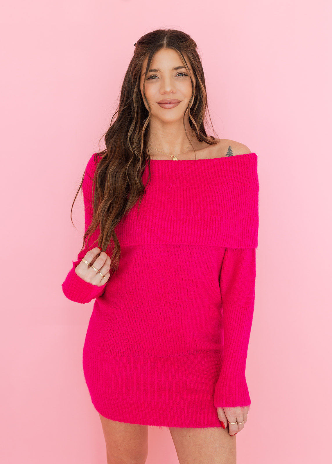 Hot Pink Off Shoulder Sweater Dress – The Vintage Leopard