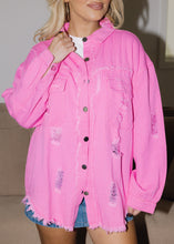 Load image into Gallery viewer, Birdie Distressed Denim Jacket - Pink
