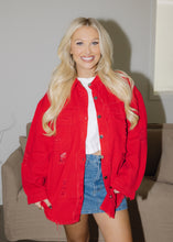 Load image into Gallery viewer, Birdie Distressed Denim Jacket - Bright Red
