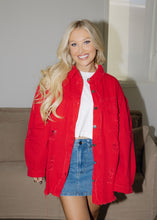 Load image into Gallery viewer, Birdie Distressed Denim Jacket - Bright Red
