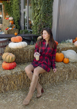 Load image into Gallery viewer, Cherry &amp; Navy Plaid Belted Romper
