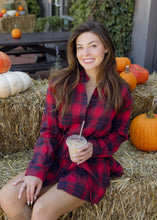 Load image into Gallery viewer, Cherry &amp; Navy Plaid Belted Romper
